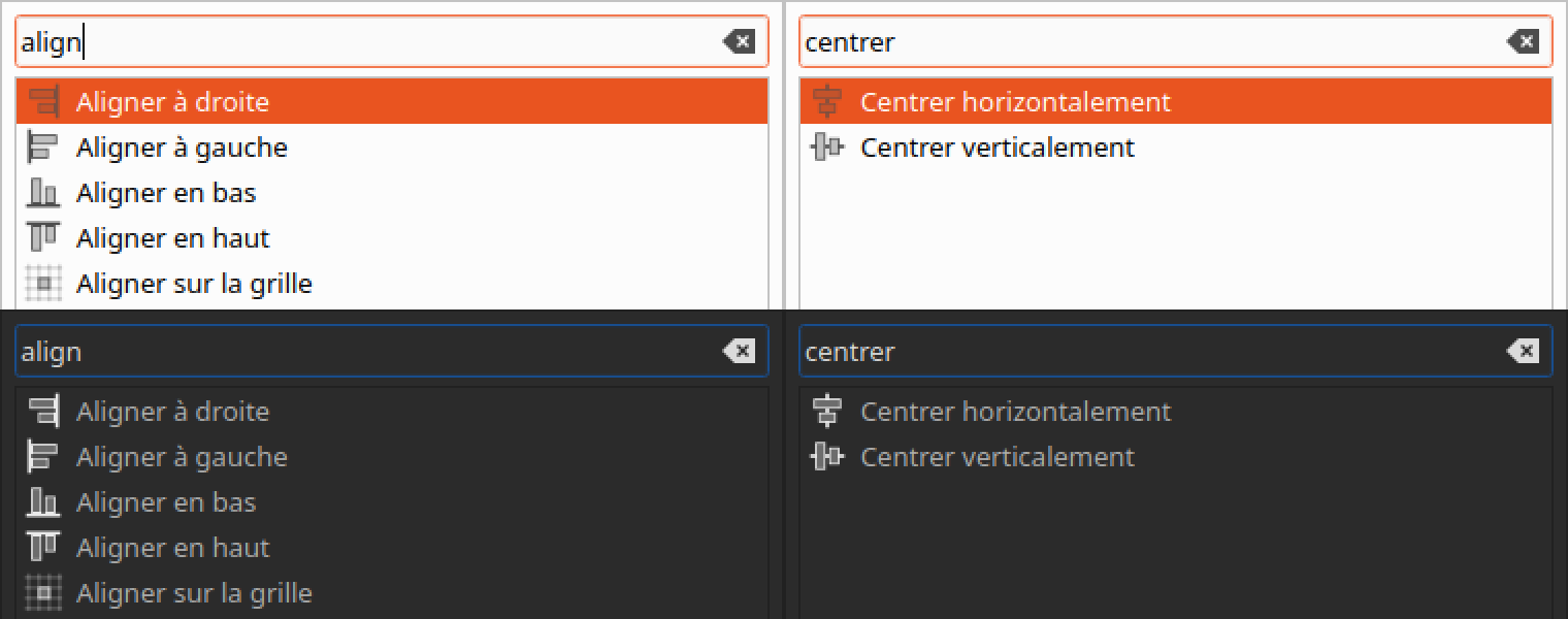 Command search for 'align' and 'centrer' in light and dark palettes, each Align command with its icon