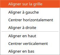 The Aligner submenu: Aligner sur la grille, then Aligner à gauche, Centrer horizontalement, Aligner à droite, then Aligner en haut, Centrer verticalement, Aligner en bas