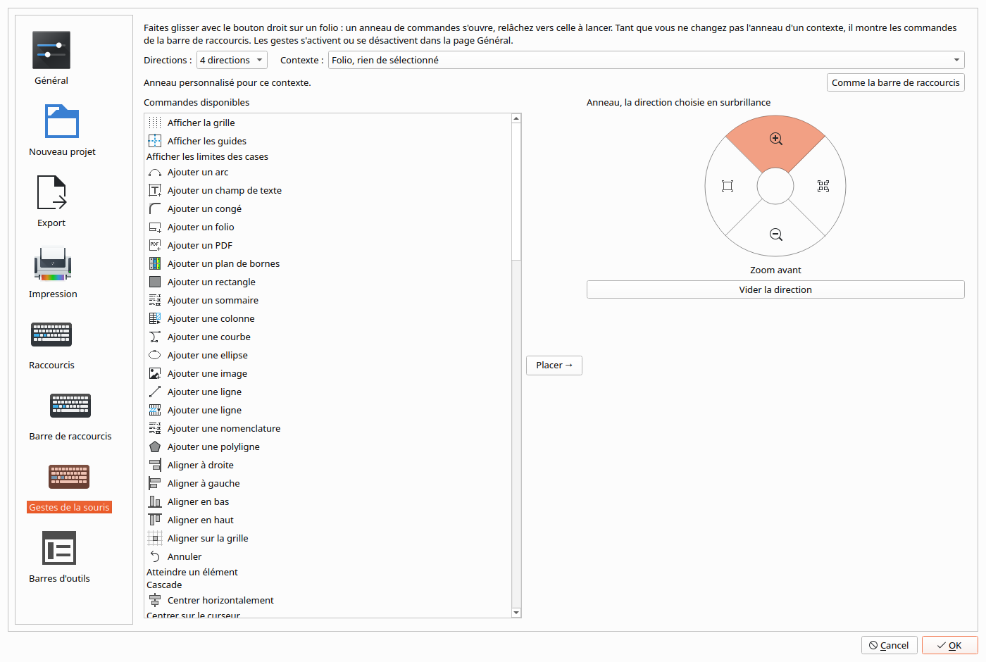 The Gestes de la souris page: 4 directions, the ring for an empty sheet with Zoom avant at the top highlighted, the list of available commands on the left