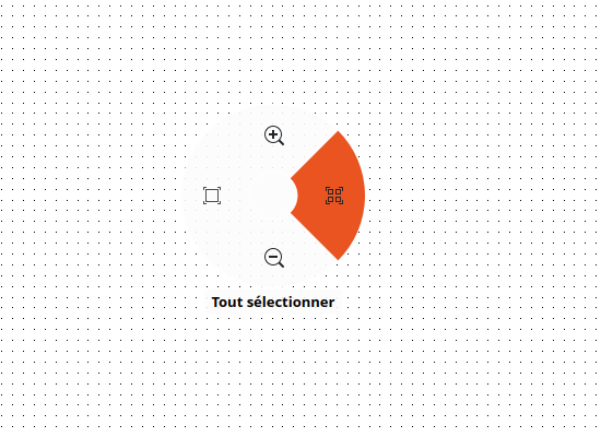 A four-direction ring on a sheet: zoom in at the top, Tout sΓ©lectionner on the right highlighted, zoom out at the bottom, zoom fit on the left