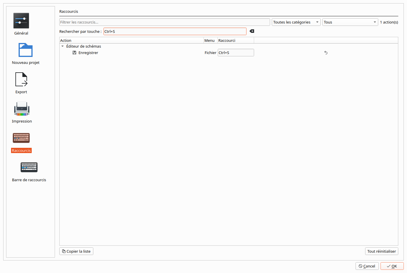 The Raccourcis page with Ctrl+S typed in Rechercher par touche: only Enregistrer is left, in the Fichier menu