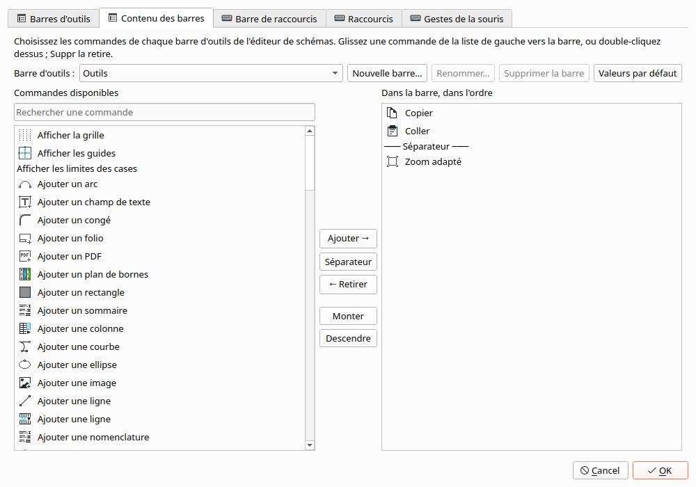 The Contenu des barres page: the Outils toolbar cut down to Copier, Coller, a separator and Zoom adaptΓ©; the list of available commands on the left