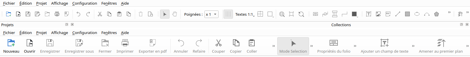 Top: the default toolbars. Bottom: 32 px icons with text under them, locked, so no grab handles