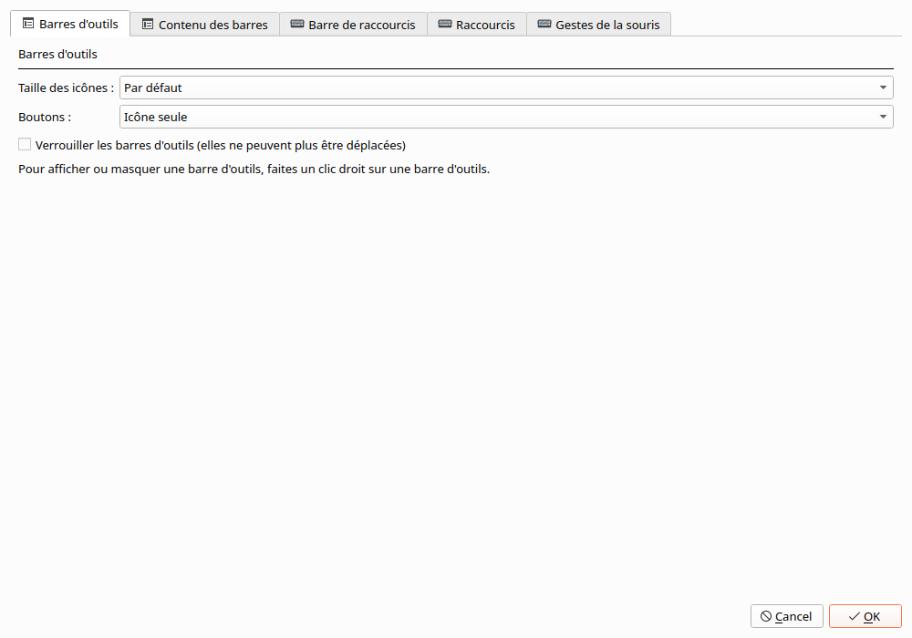 The Personnaliser window, Barres d'outils tab open