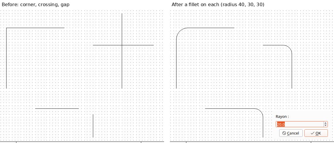 Left: a corner, two crossing lines, and two lines with a gap between them. Right: the same after a fillet on each, with the radius dialog.