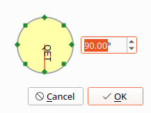 The text angle dialog opened on a text already at 90°: the spin box shows 90.00° and the preview text is vertical