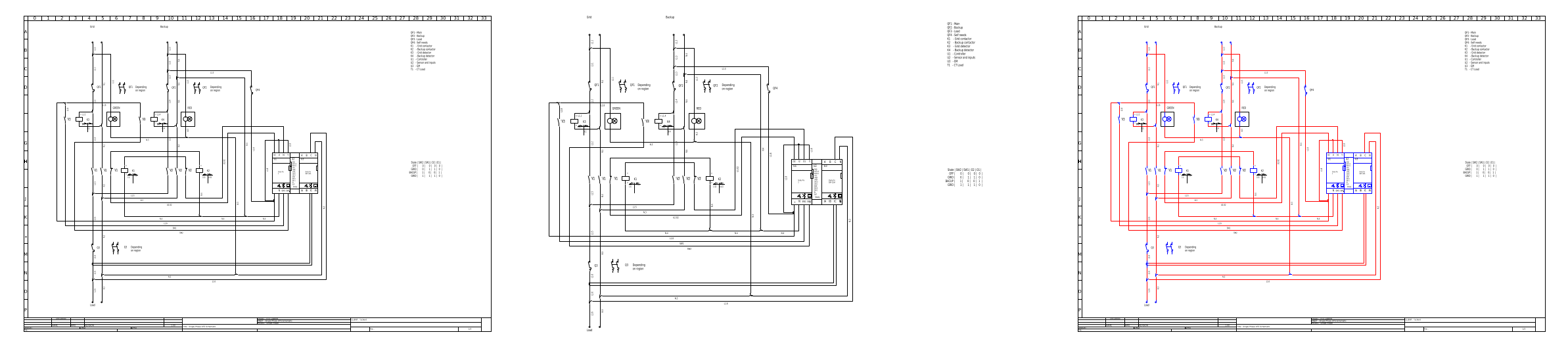 Left: a folio as exported. Middle: the same file with the border, title block and tables layers switched off. Right: the wires layer recoloured red and the symbols layer blue