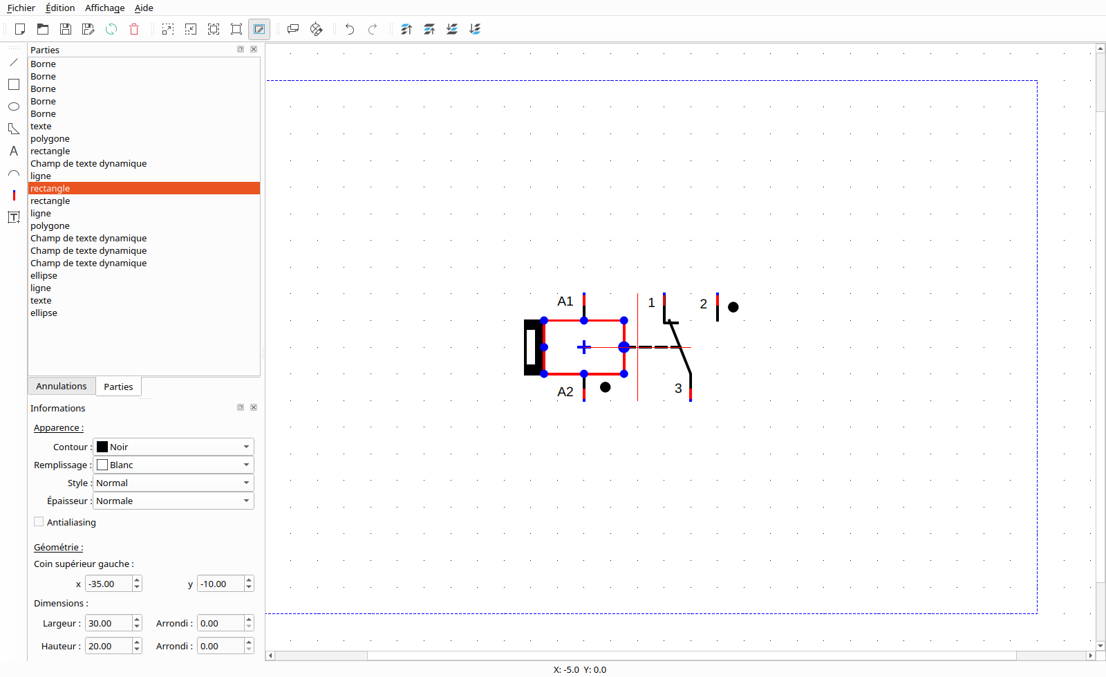 The symbol editor with a relay symbol in the middle of a large dashed blue frame; the frame toggle is checked on the toolbar