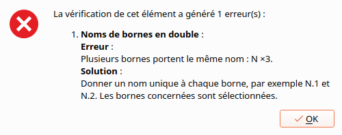 The error dialog when saving a Shelly Pro 2PM with three terminals named N: "Plusieurs bornes portent le même nom : N ×3", with the fix "Donner un nom unique à chaque borne, par exemple N.1 et N.2"