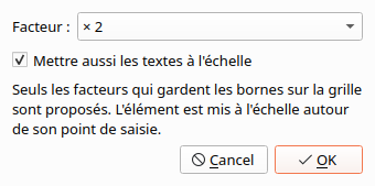 The scale dialog for an element whose terminals are 10 units from the hotspot: Γ2 is selected, Scale texts too is ticked, and a note says only factors that keep the terminals on the grid are offered