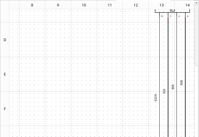 Zoomed in on a folio: the bars show columns 8–14 and rows D–F, with the cell limits dashed across the drawing
