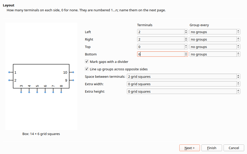 The Layout page: terminals and groups per side, with the preview