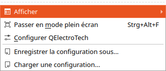 The Configuration menu: Afficher, Passer en mode plein écran, Configurer QElectroTech, then Enregistrer la configuration sous… and Charger une configuration…