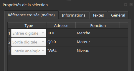 PLC input/output table under a dark system theme, Type column drawn as light grey boxes