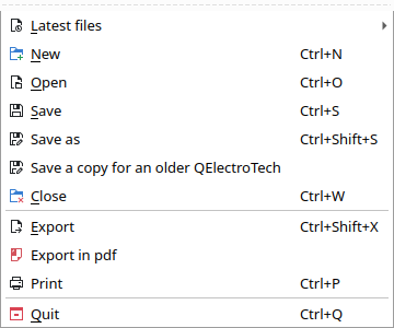 The File menu: Save, Save as, then Save a copy for an older QElectroTech, above Close