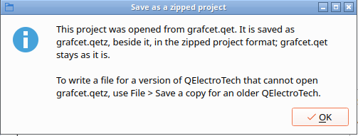 The Save as a zipped project message after saving grafcet.qet: it is saved as grafcet.qetz beside it, grafcet.qet stays as it is