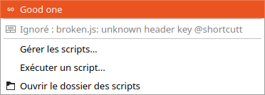 The Projet > Scripts menu: a stored script with its icon, then a greyed entry 'Ignoré : broken.js: unknown header key @shortcutt', then Gérer les scripts, Exécuter un script and Ouvrir le dossier des scripts (captured before the macro recorder entry was added)