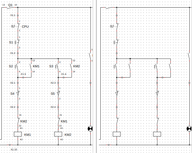 Left: part of a control circuit with its labels, terminal numbers and wire numbers. Right: the same with Textes des Γ©lΓ©ments and Textes des conducteurs unticked β only the symbols and wires are left.