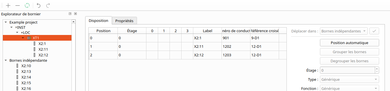 After dragging X2:11 and X2:12 from the table onto strip XT1: the tree shows them under XT1 after X2:1, and the strip's table lists X2:1, X2:11 and X2:12 at positions 0, 1 and 2.