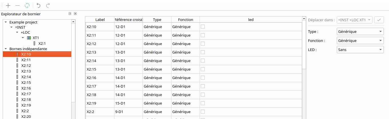 The terminal strip manager with X2:10 selected in the tree under Bornes indépendantes. The table on the right lists the free terminals, none of its rows is selected, and the Déplacer dans list and its ✓ button are greyed out.