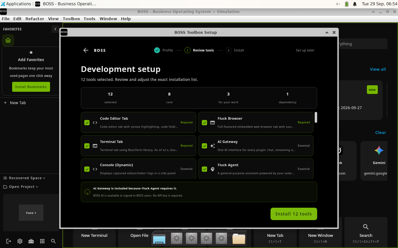 Toolbox setup with browser, terminal, editor, and agent plugins selected
