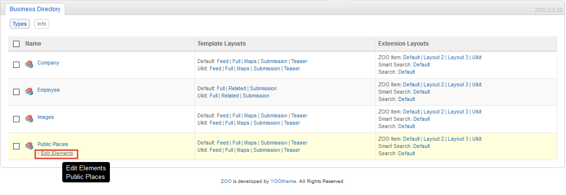 Editing elements ZOO elements for MapEx widget