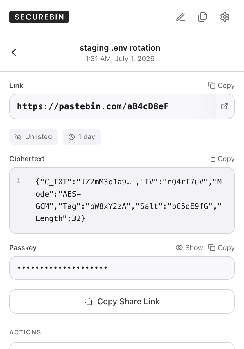Resulting cipher text with Pastebin link and passkey