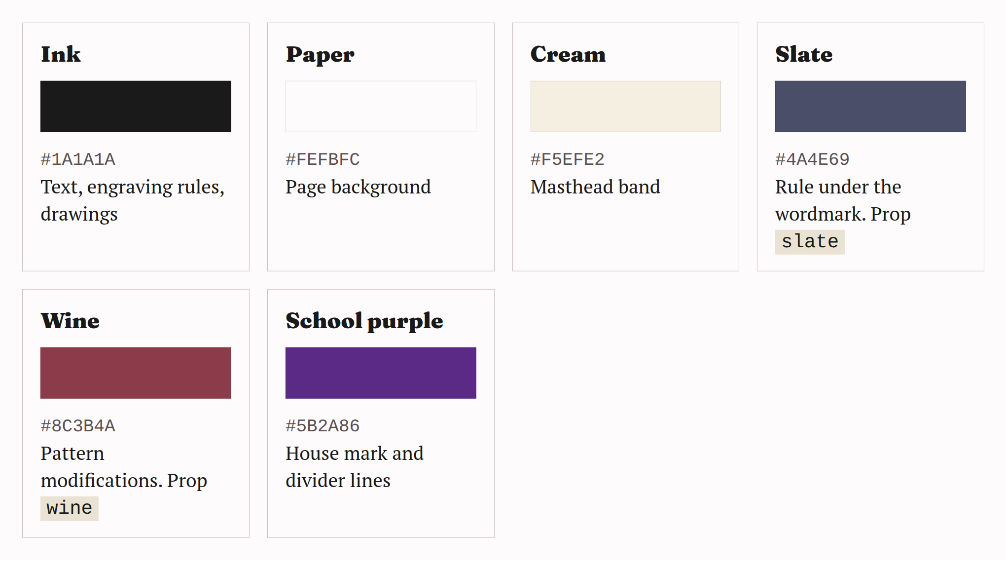 Swatches for Ink, Paper, Cream, Slate, Wine and School purple