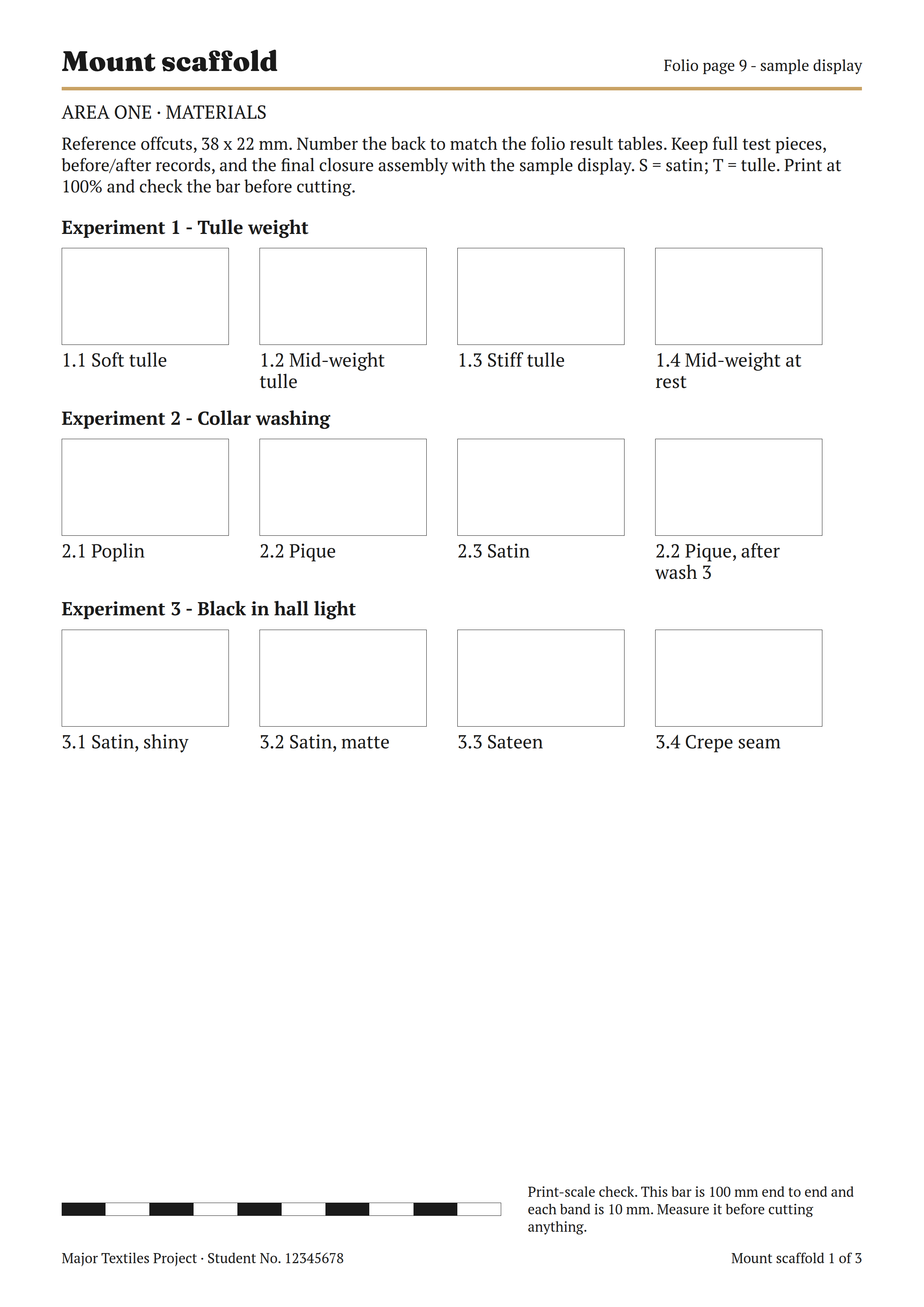 Mount scaffold sheet 1, Materials, with twelve offcut slots and the 100 mm bar