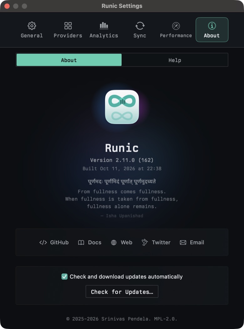 About pane with the app icon, version, links and update controls