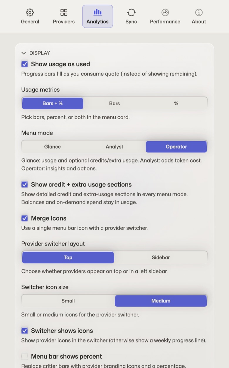 Analytics settings: usage metrics, menu mode and provider switcher layout
