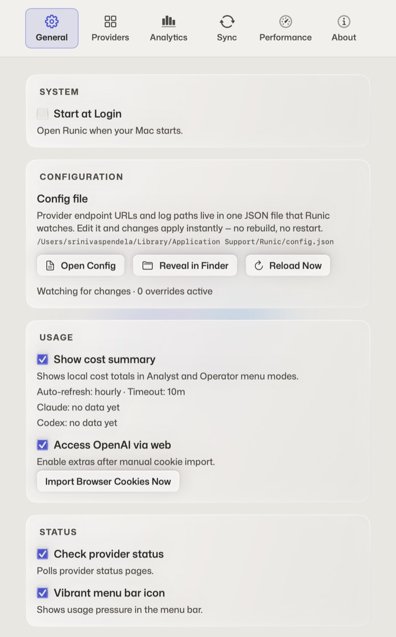 General settings: cost summary, OpenAI web access and provider status