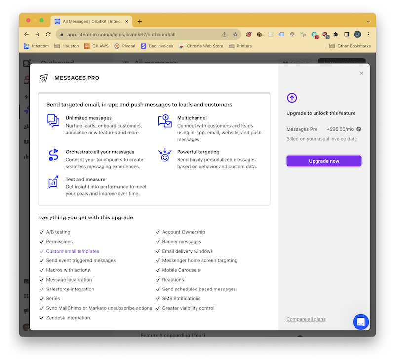 Screenshot of Intercom's upgrade dialog