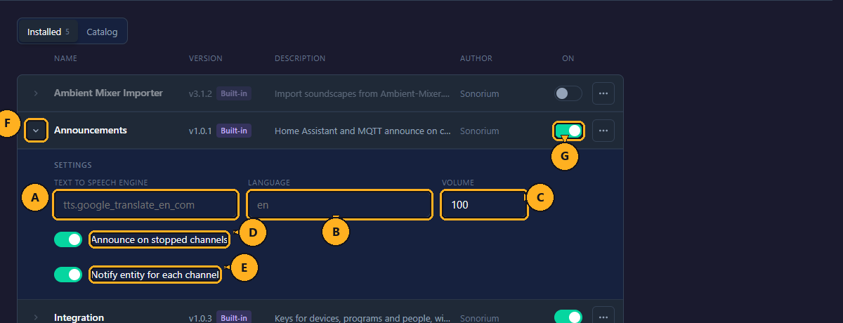 The Announcements plugin's settings