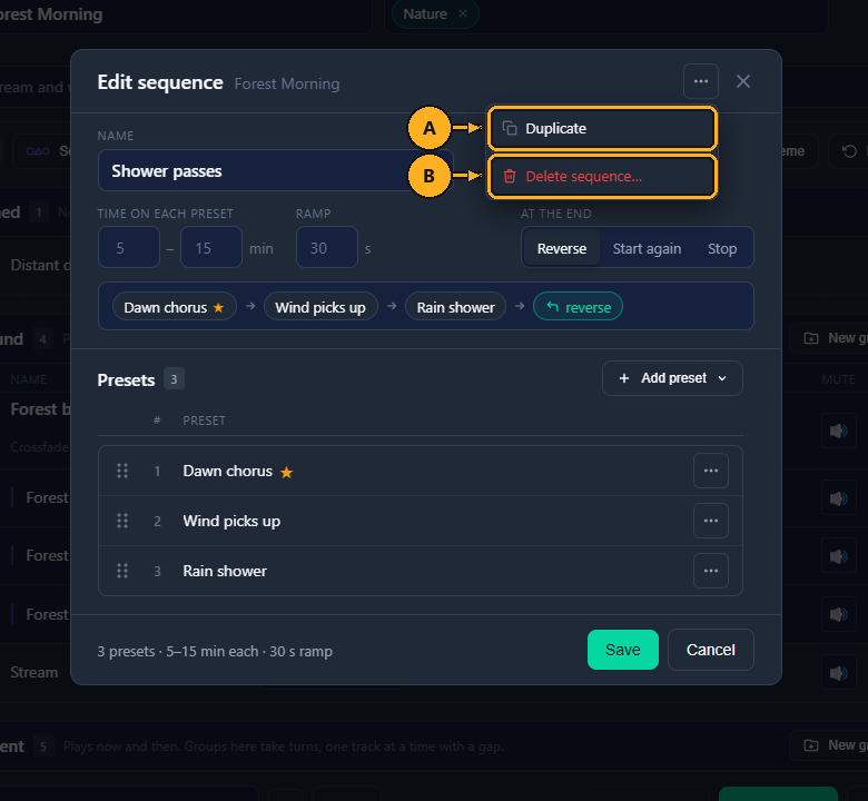 The Edit sequence menu
