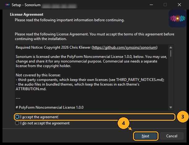 Accept the agreement, then Next