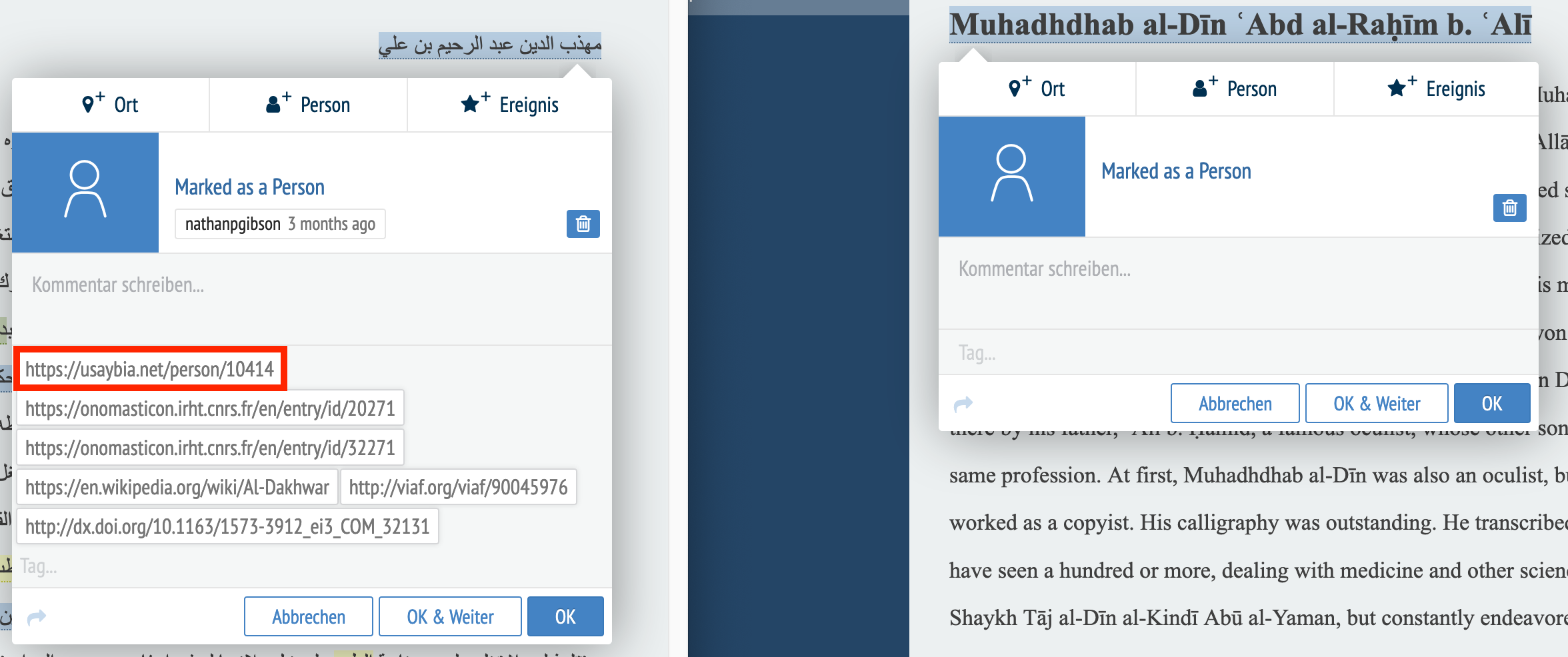 Copy the usaybia.net URI from the Arabic person name to the English person name