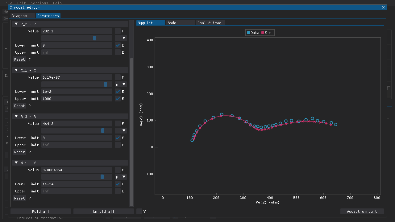 The parameter adjustment tab of the Circuit editor window