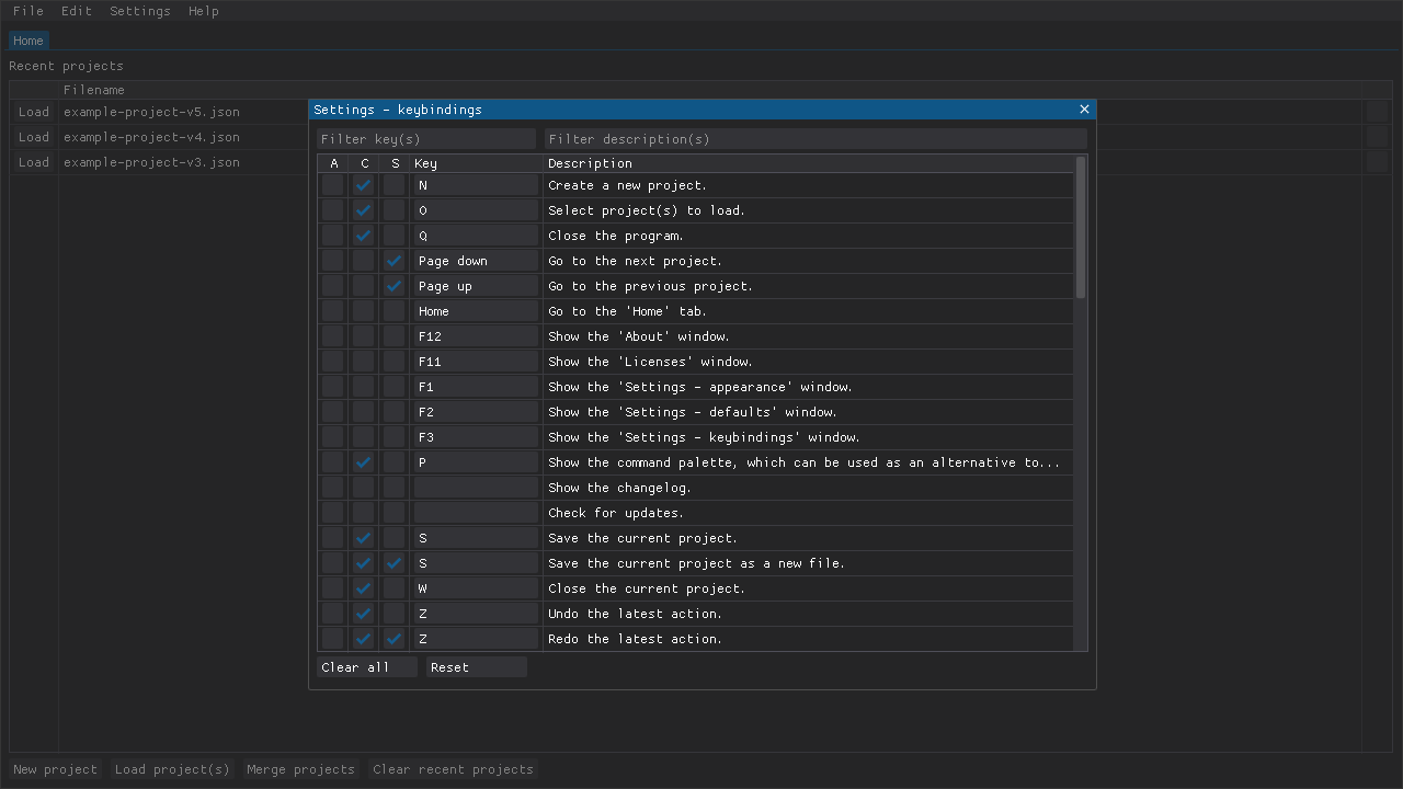 The Keybinding settings window