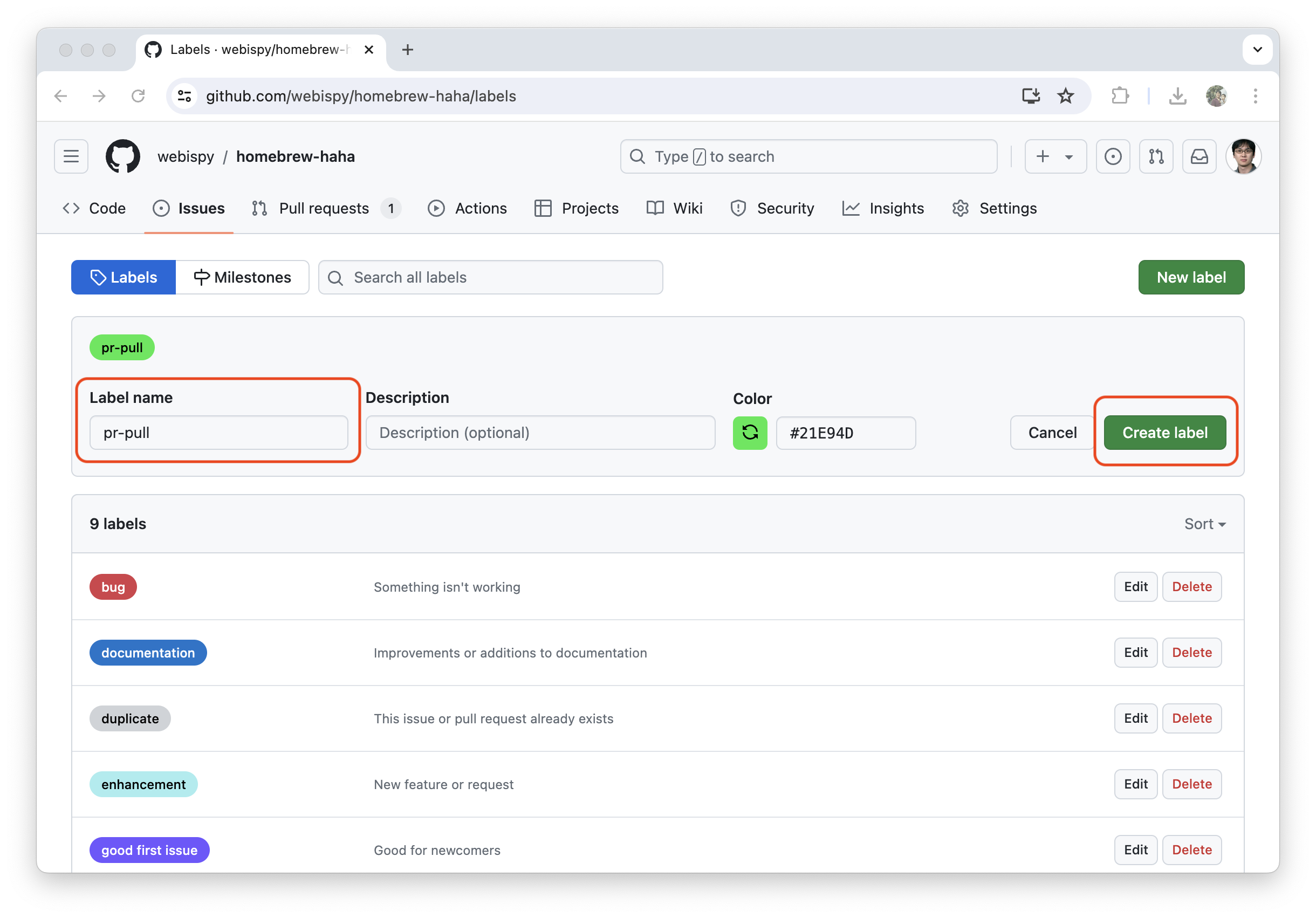Github - Label create