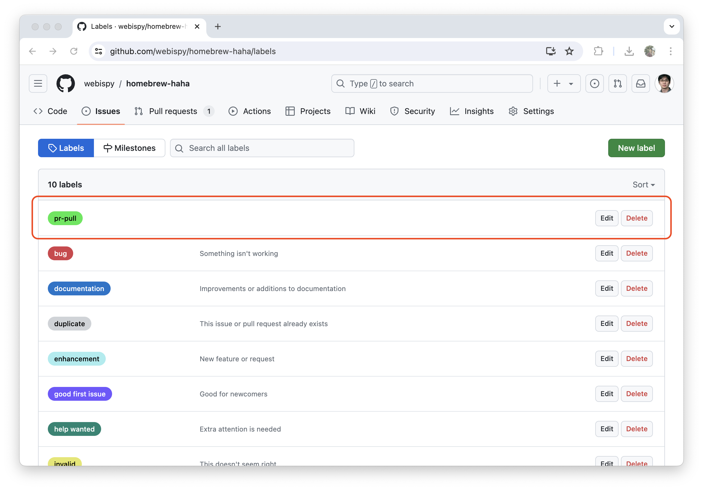 Github - Label list