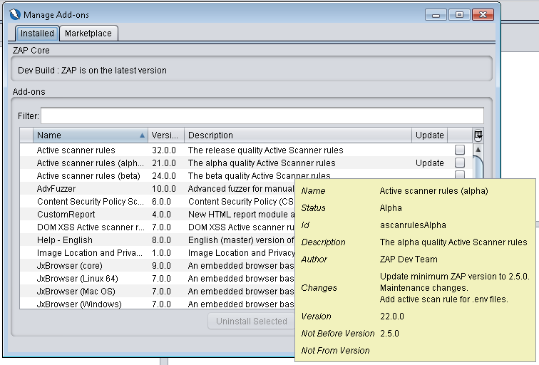 Installed add-on version column