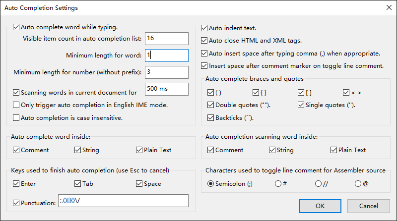 Auto Completion Settings