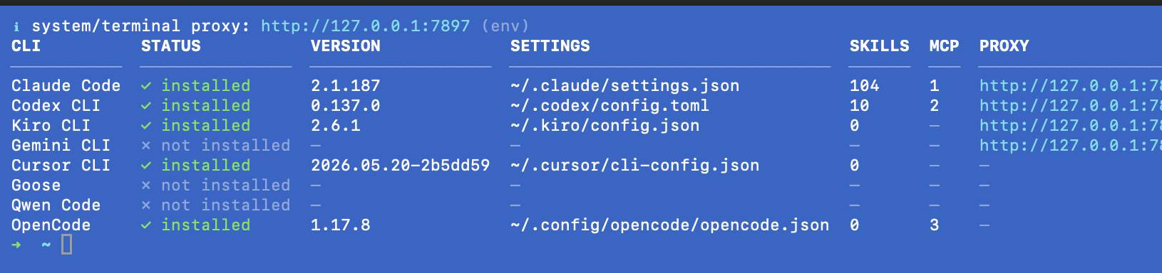 clihub doctor — cross-CLI health matrix