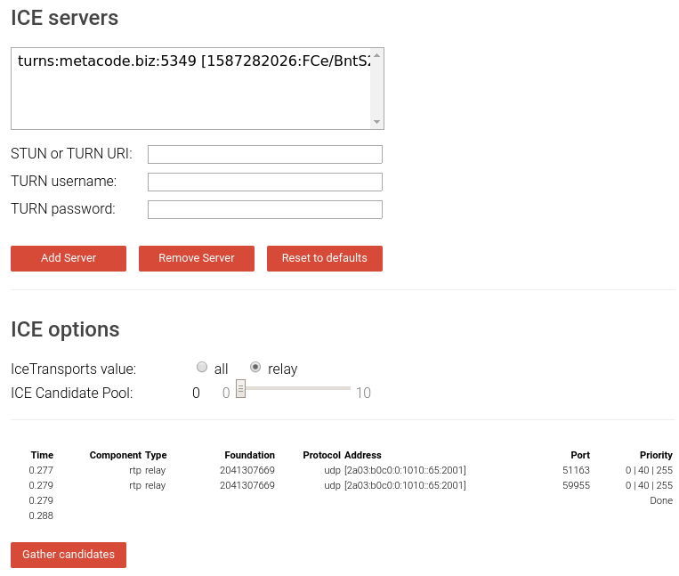 TURN relay candidates on site output