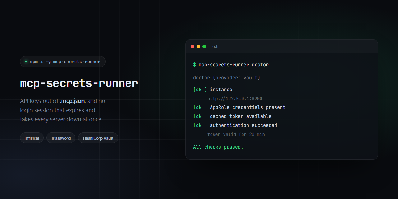 doctor output listing the instance, AppRole credentials, cached token and successful authentication, each marked ok