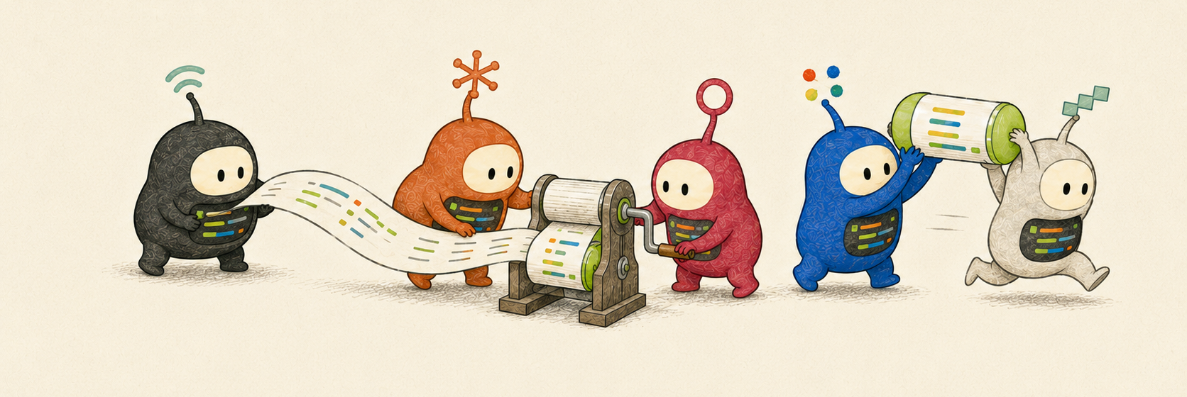 Coding agents pass a session transcript through a handoff machine