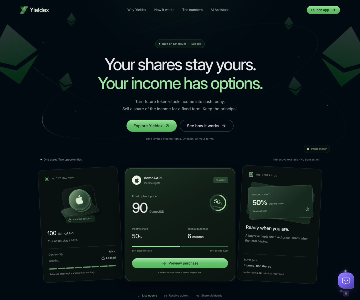 Yieldex landing page with illustrative income-rights example.