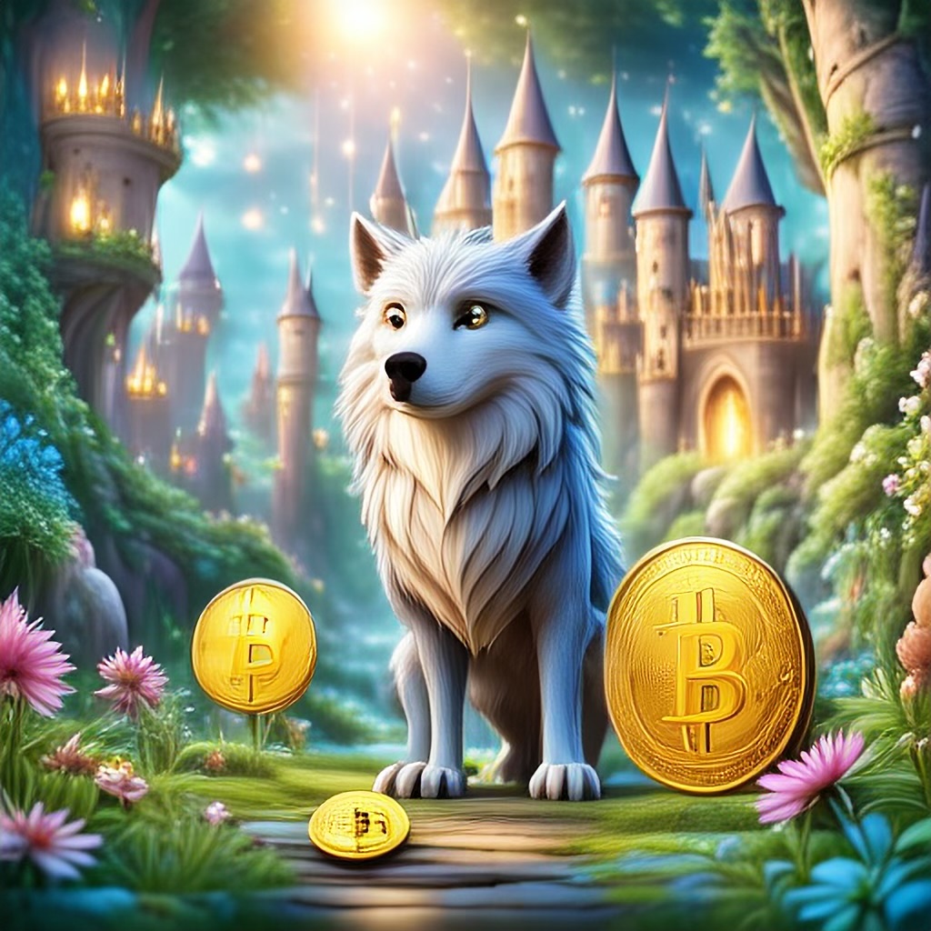 WildNFT #19: White Wolf in Magical Forest with Bitcoin