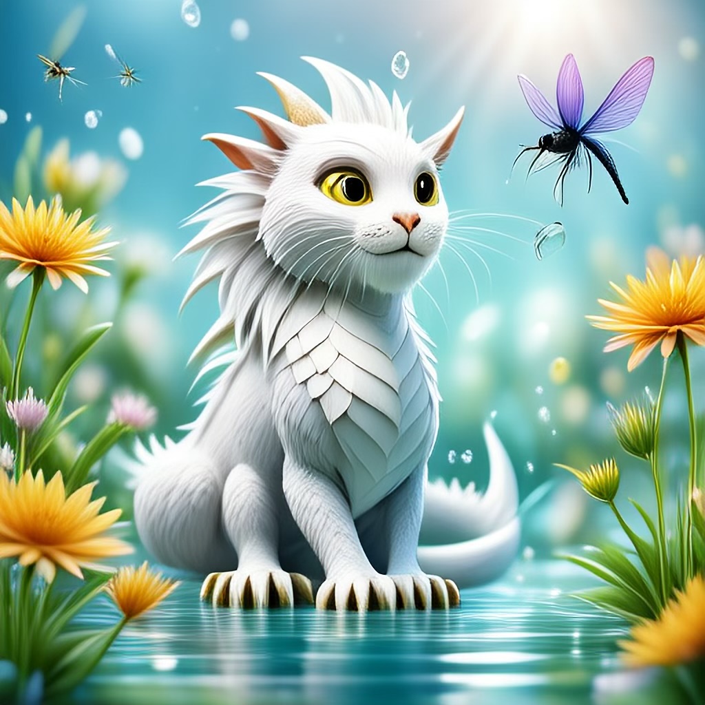 WildNFT #21: Mythical White Cat in Water with Flowers